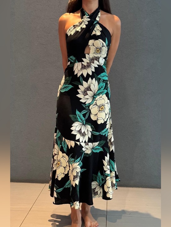 FARM Rio Dresses & Skirts - FARM Rio Black Floral Halter Maxi Dress with Cream & Teal Leaves